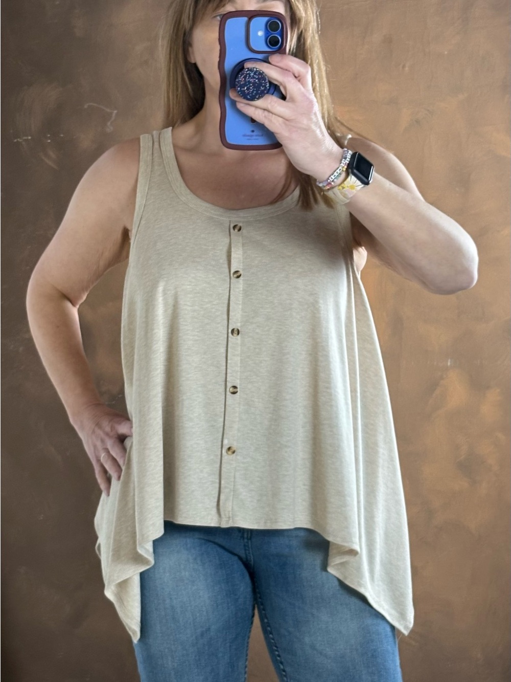 Button-Front Swing Tank Top in Light Beige